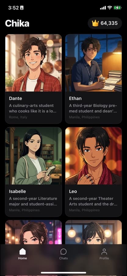 Chika's Home screen: a grid of characters, each with a portrait and a line about who she is.