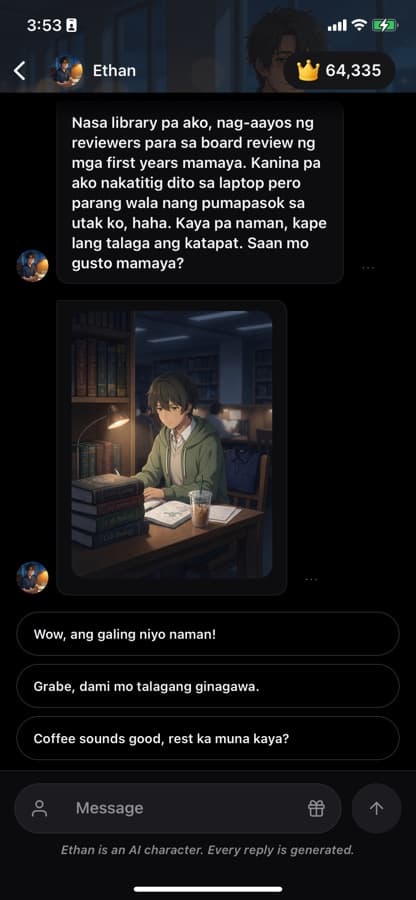 A conversation with Ethan, showing his reply, a photo he sent, and three suggested replies.